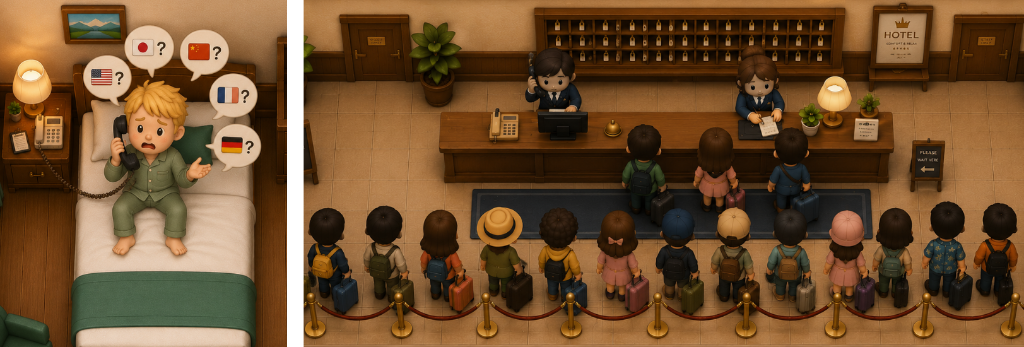 Foreign guest on hotel phone and crowded front desk queue