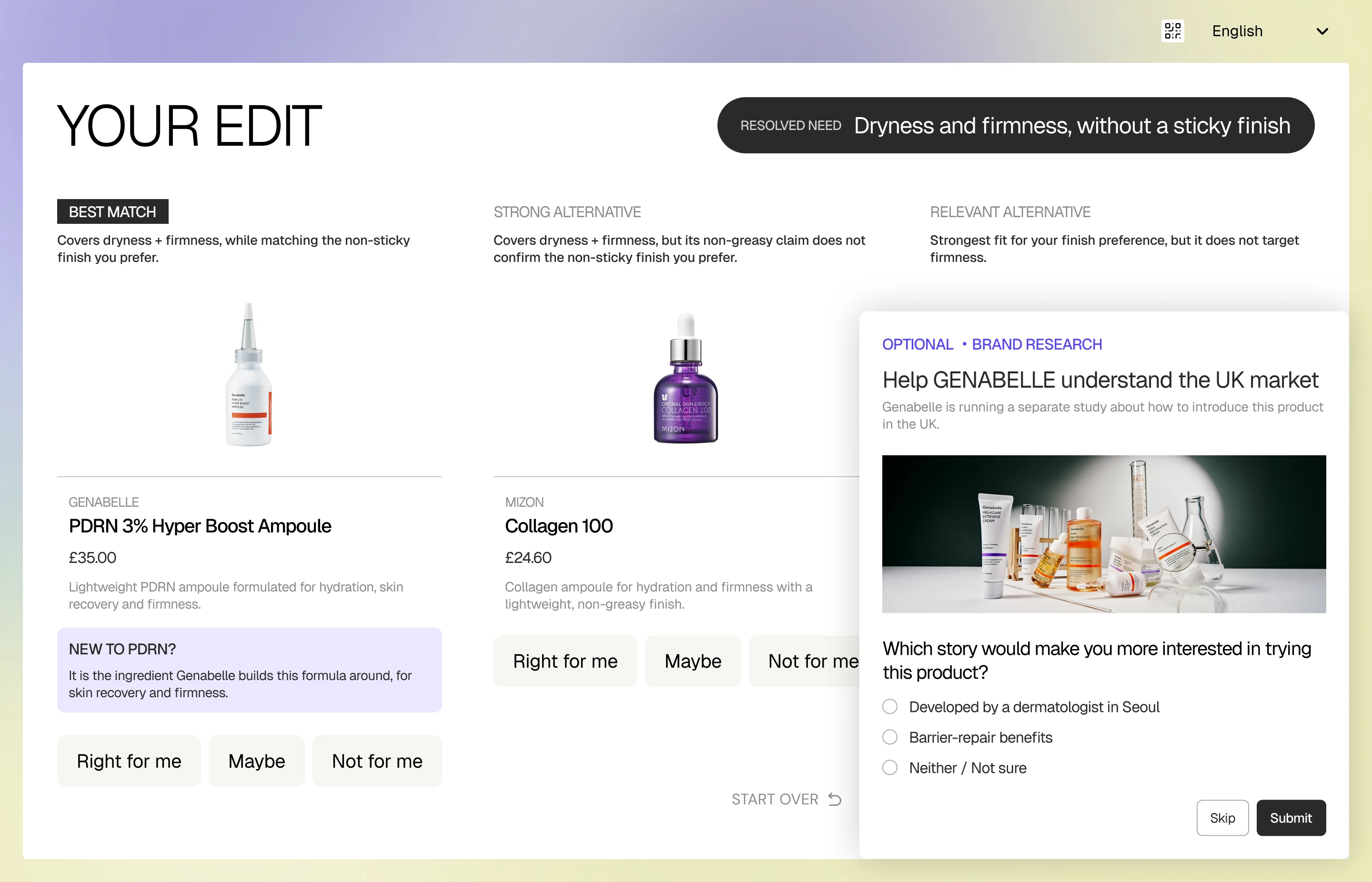 Step three of four: the optional research study shown beside a recommendation it cannot change