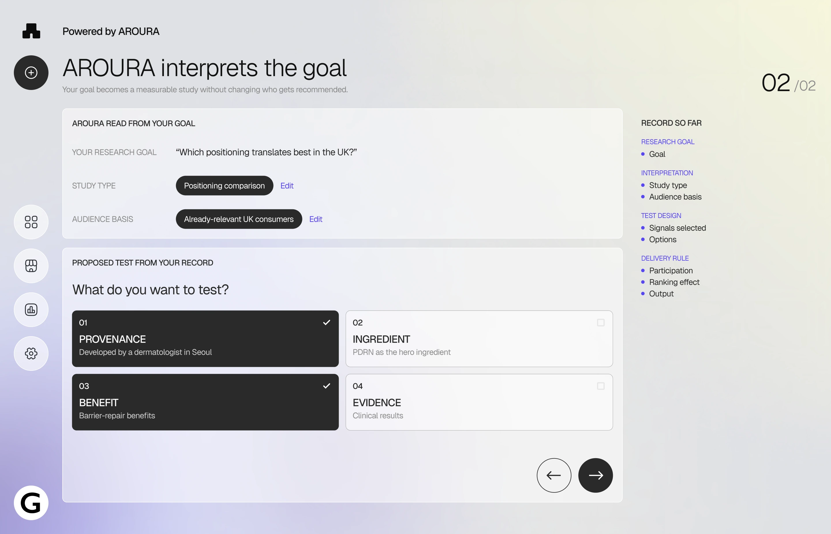 Step two of four: the goal read back as a study type, an audience basis and the options to test